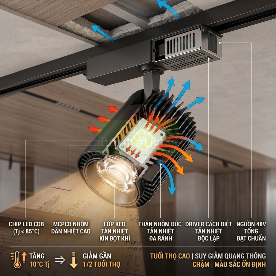 Đèn rọi ray LED COB màu đen đang chiếu sáng, cấu tạo tản nhiệt và driver được minh họa chi tiết