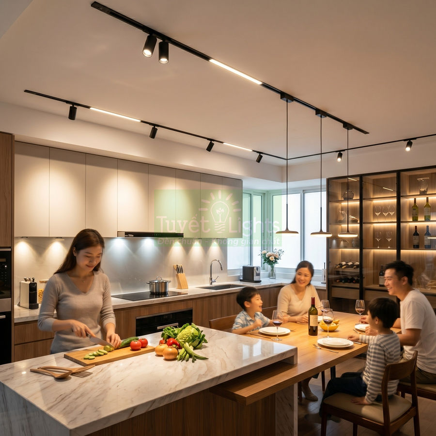 Đèn ray LED âm trần Tuyết Lights chiếu sáng phòng bếp hiện đại nơi gia đình quây quần ăn tối