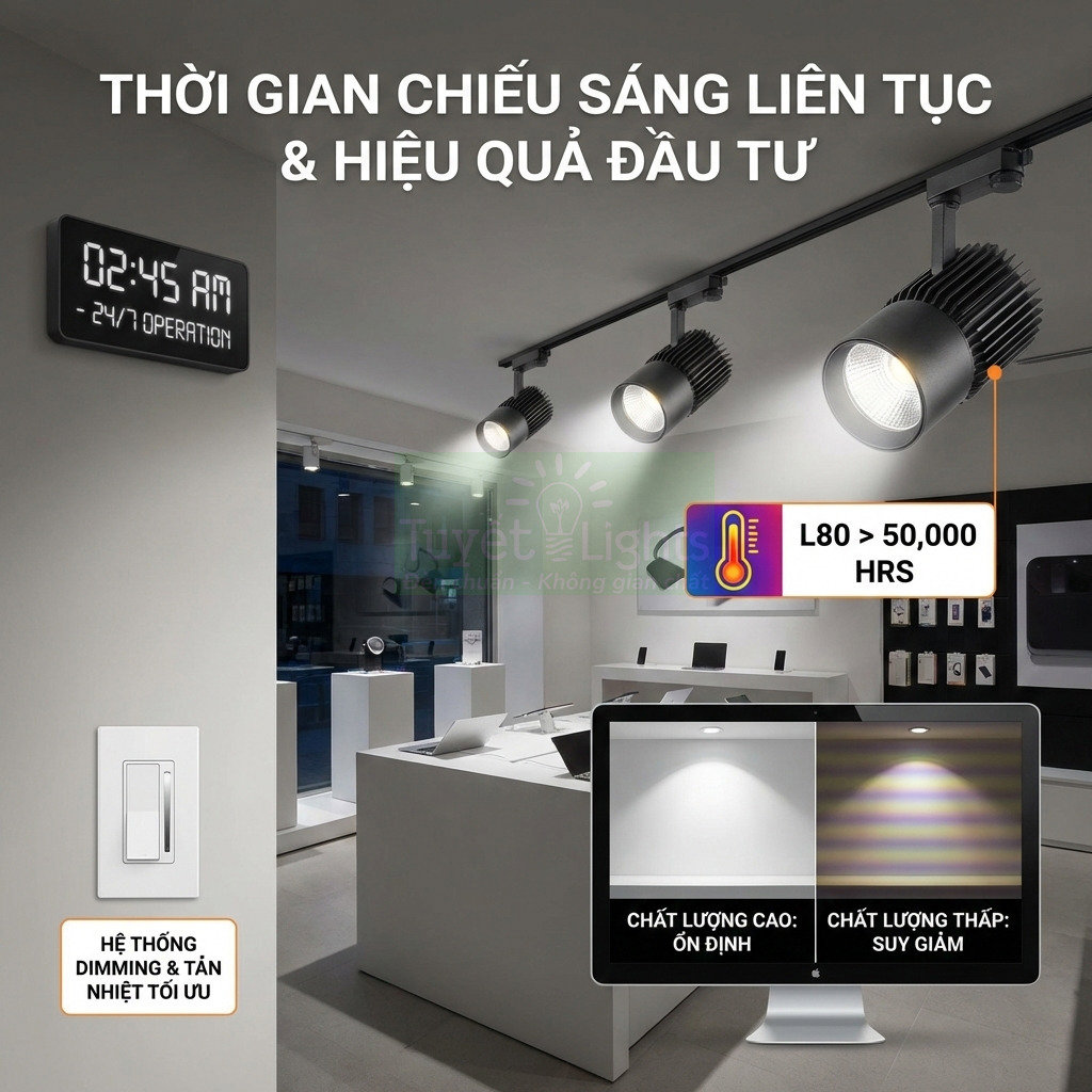 Đèn rọi ray LED chiếu sáng showroom hiện đại với hệ thống dimming và tuổi thọ cao trên 50.000 giờ