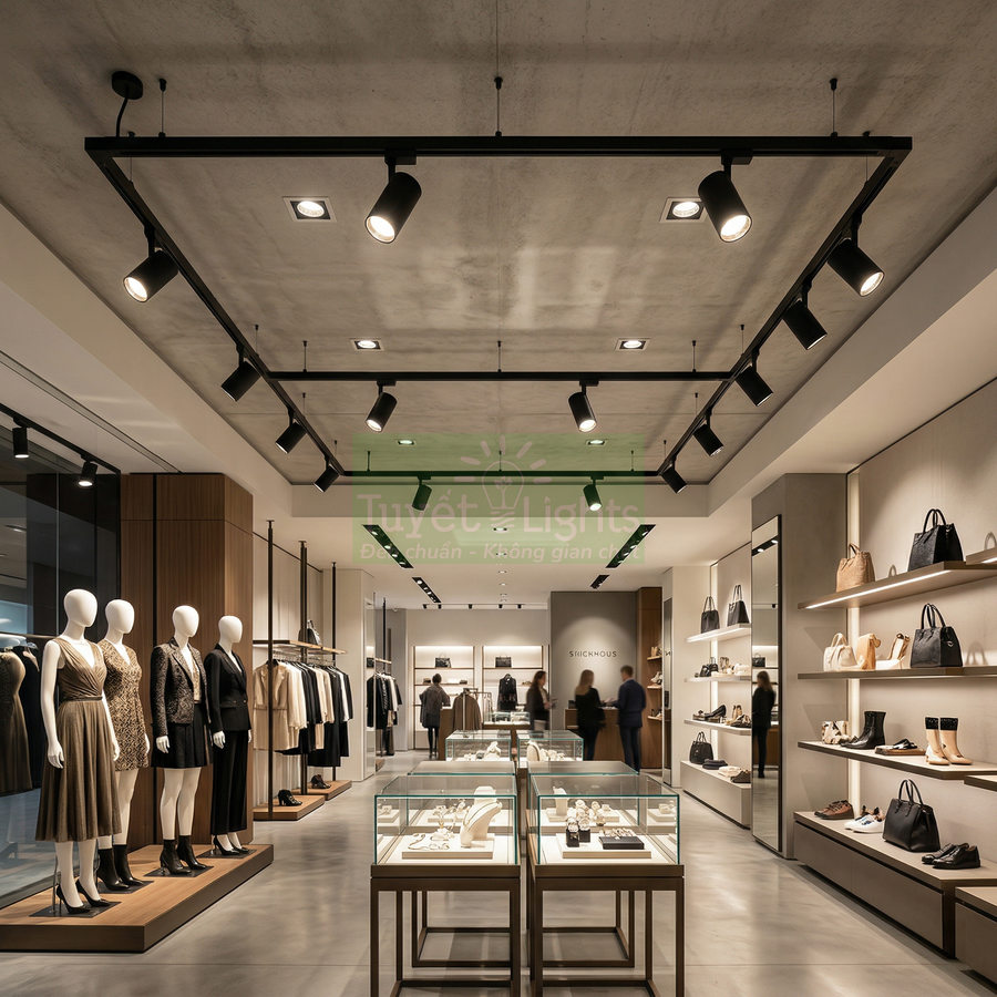 Cửa hàng thời trang cao cấp với hệ thống đèn rọi ray chiếu sáng quần áo, túi xách và phụ kiện trưng bày