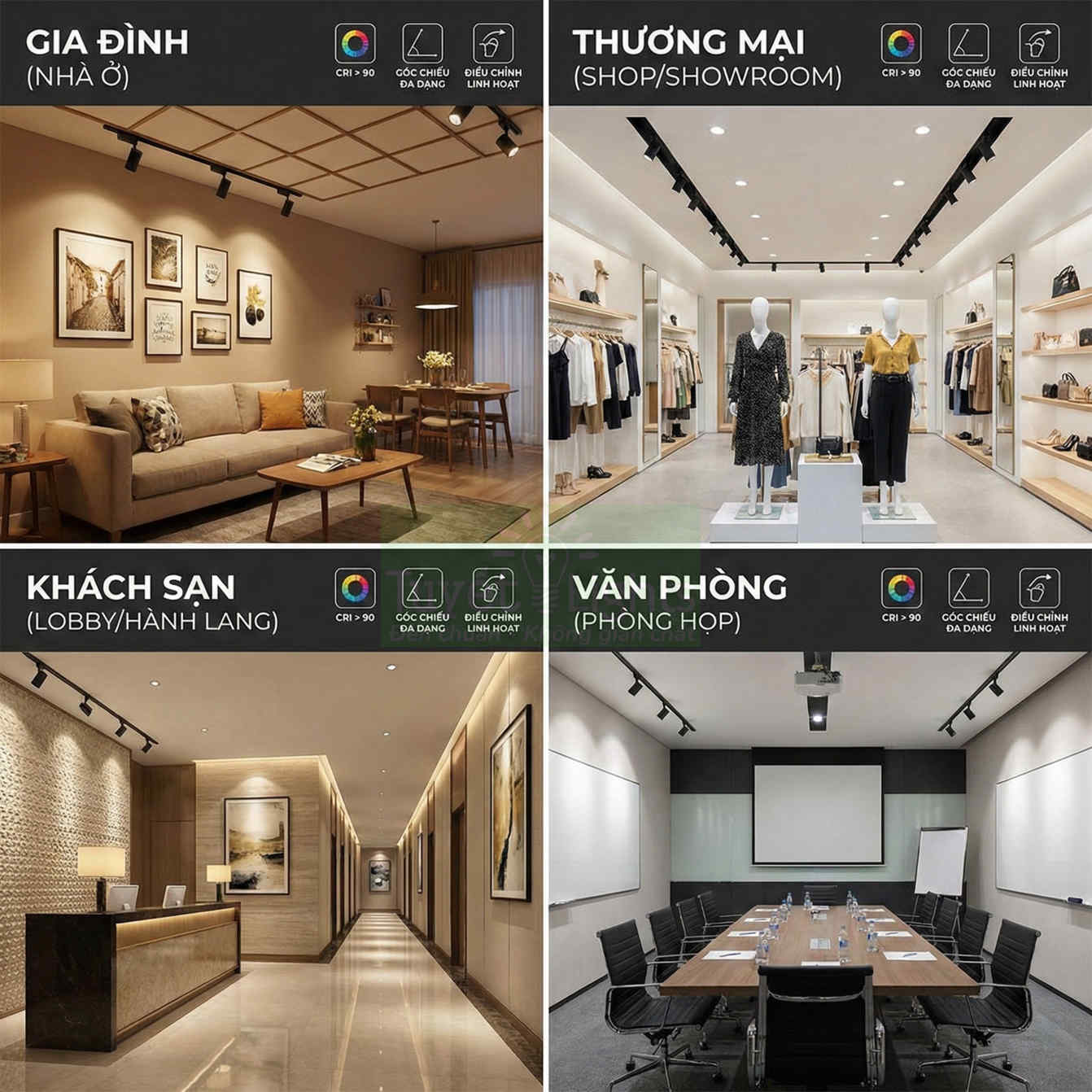 Đèn rọi ray chiếu sáng phòng khách gia đình, cửa hàng thời trang, sảnh khách sạn và phòng họp văn phòng