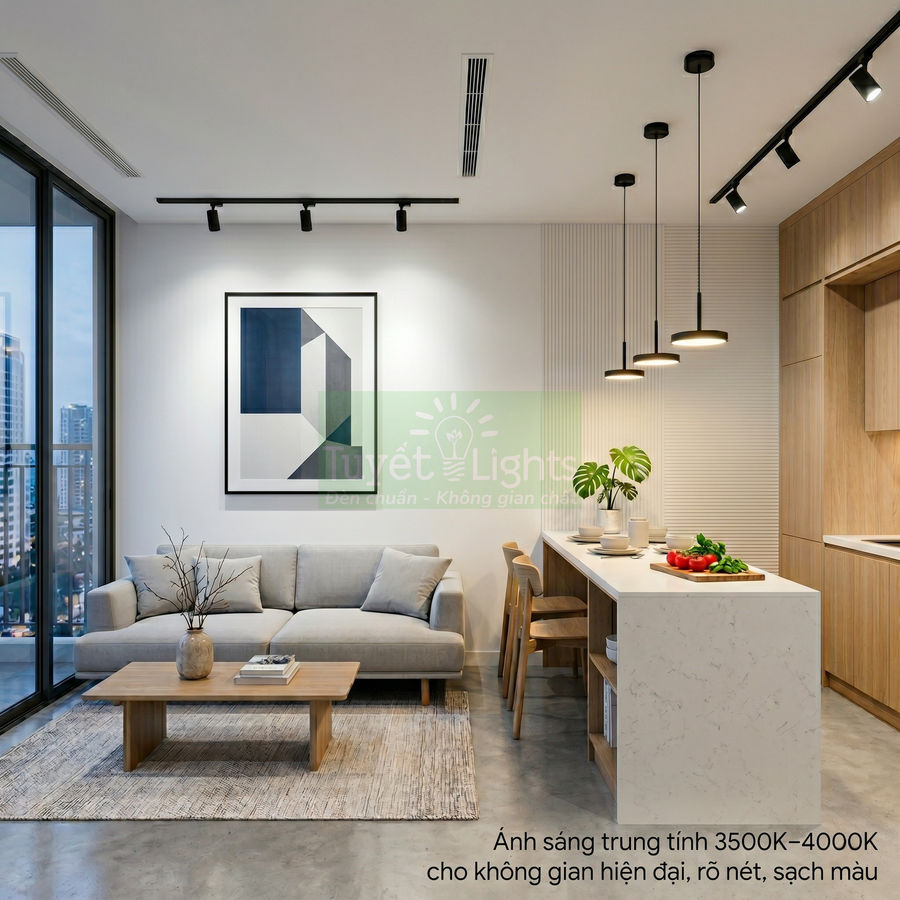 Đèn ray và đèn thả trần Tuyết Lights chiếu sáng phòng khách liền bếp hiện đại tông gỗ sáng