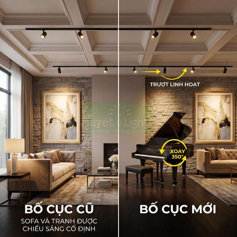 Đèn rọi ray trượt linh hoạt chiếu sáng phòng khách sang trọng với sofa và đàn piano