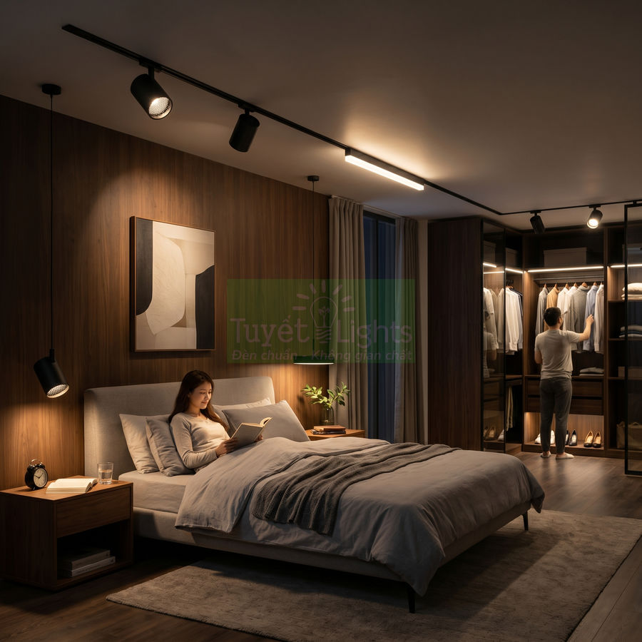 Đèn rọi ray Tuyết Lights chiếu sáng phòng ngủ hiện đại với giường đôi và tủ quần áo gỗ