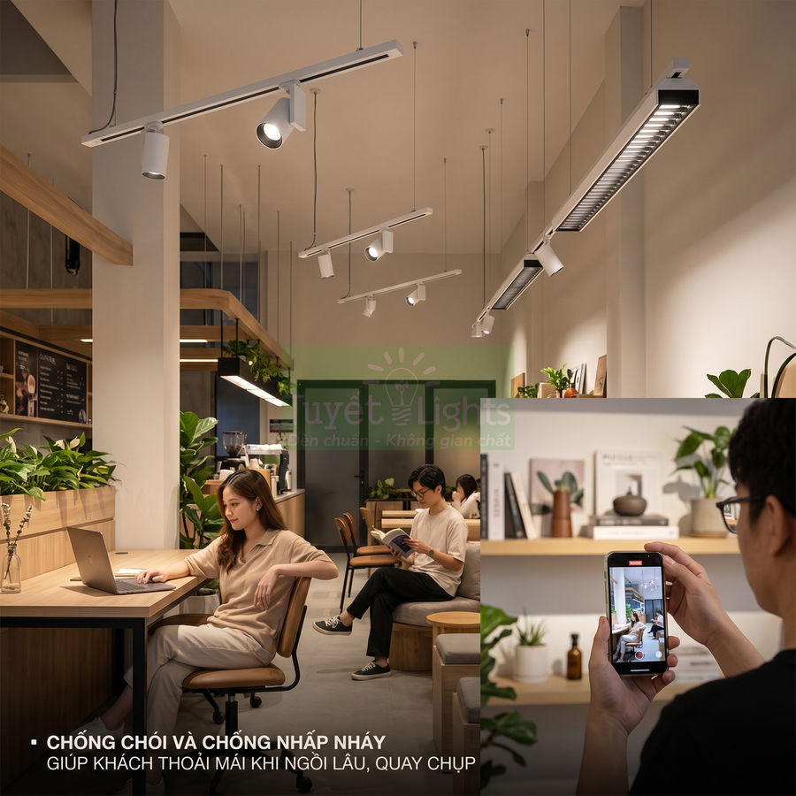 Đèn rọi ray chống chói Tuyết Lights lắp trần cho quán cà phê, ánh sáng dịu không nhấp nháy