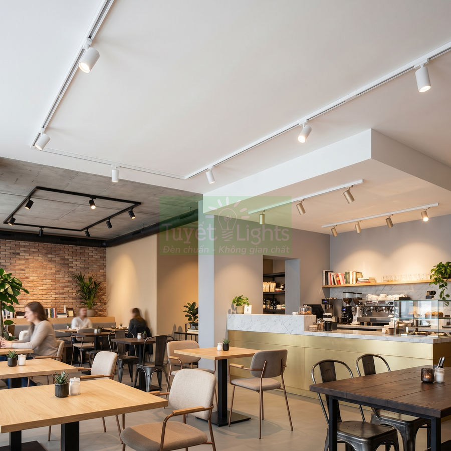 Đèn rọi ray LED chiếu sáng trần quán cà phê hiện đại với bàn ghế gỗ và quầy bar