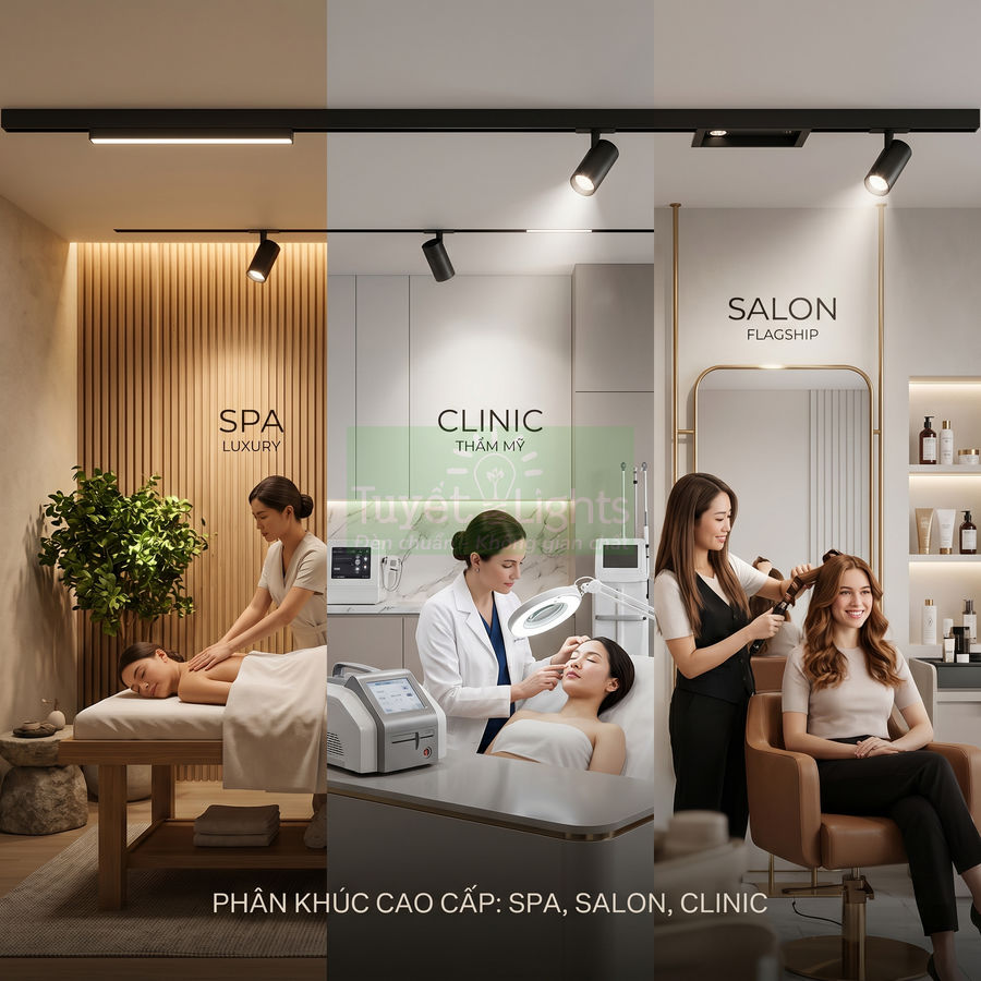 Đèn rọi ray cao cấp chiếu sáng không gian spa, clinic thẩm mỹ và salon tóc hiện đại