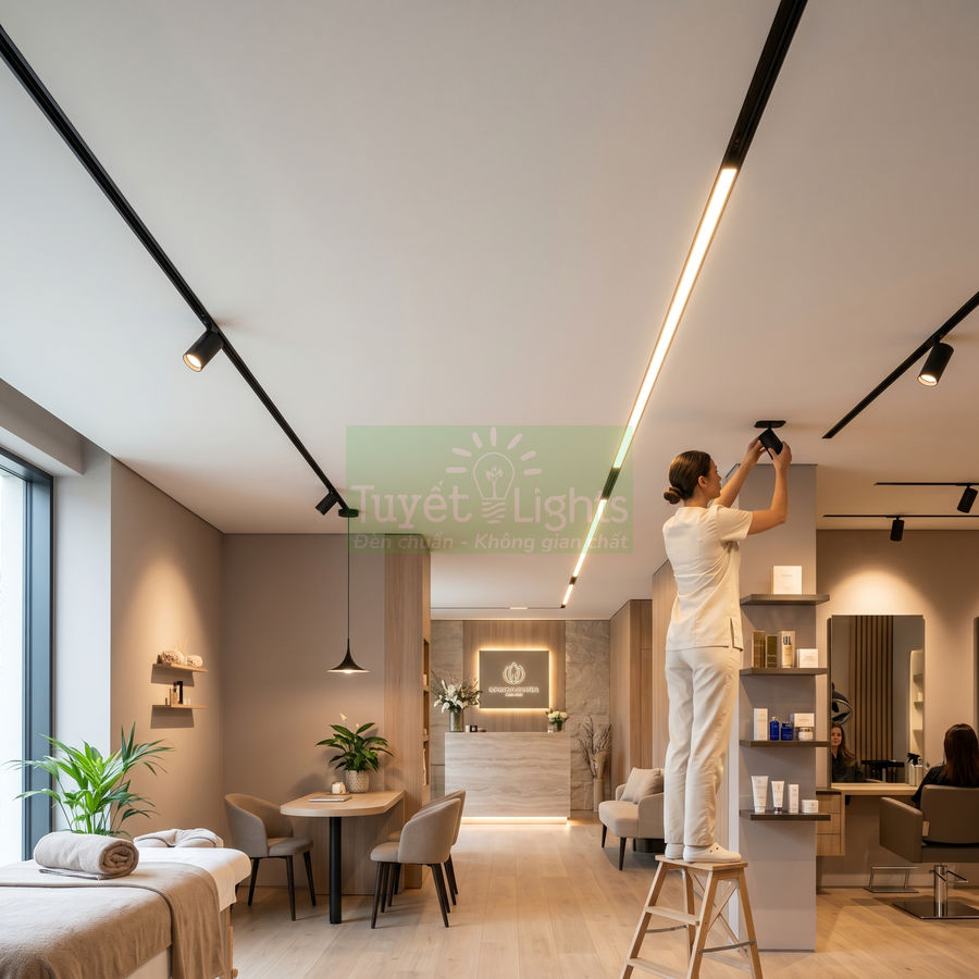 Đèn rọi ray Tuyết Lights lắp trên trần spa hiện đại, nhân viên đang điều chỉnh đèn chiếu sáng