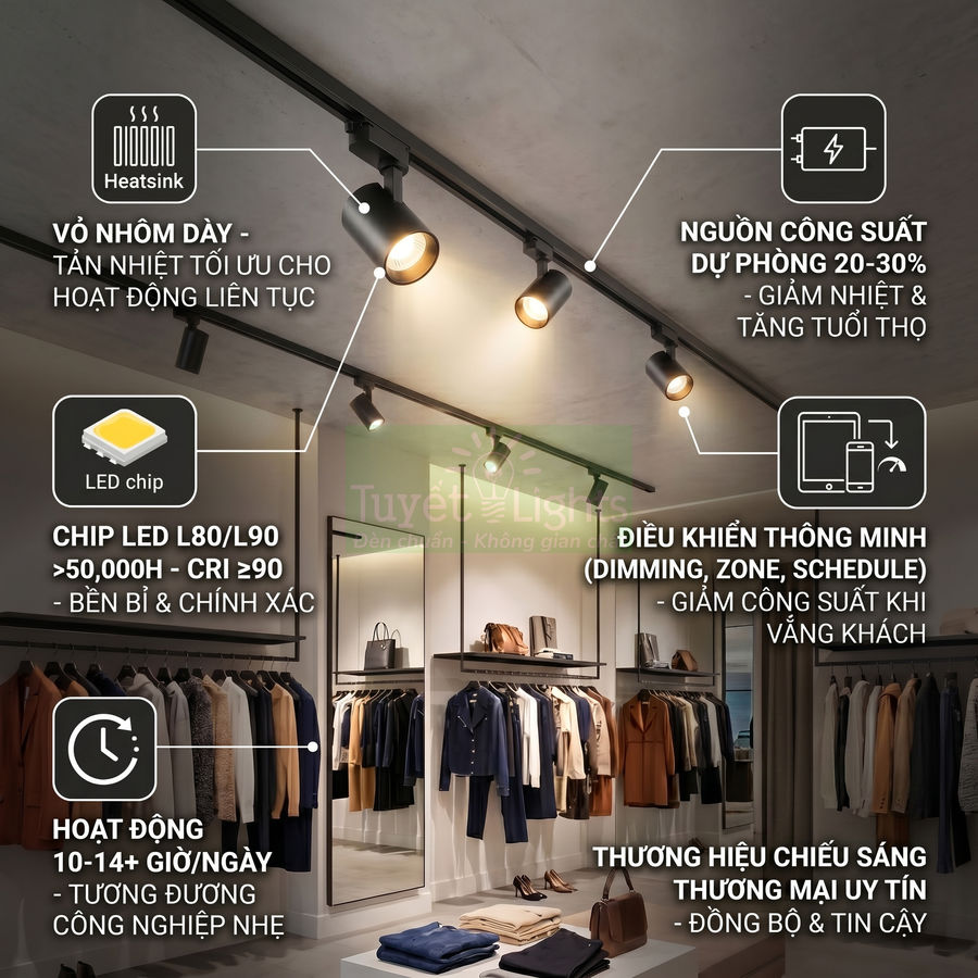 Đèn rọi ray LED chiếu sáng cửa hàng quần áo cao cấp với chip LED bền, vỏ nhôm dày và điều khiển thông minh