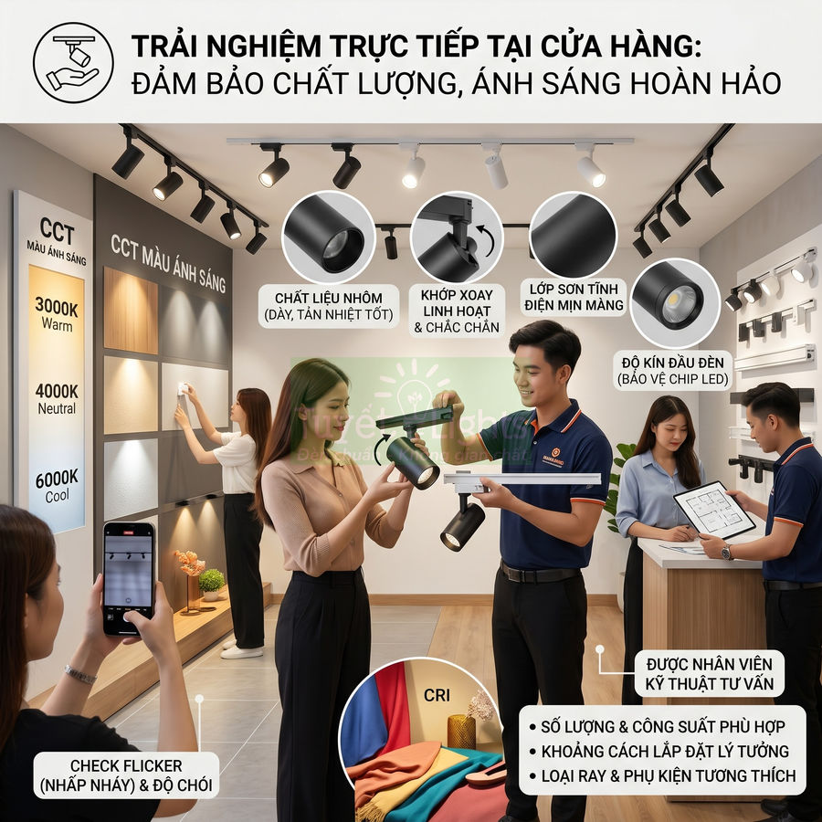 Khách hàng trải nghiệm và được tư vấn đèn rọi ray LED trong showroom với nhiều mẫu ánh sáng khác nhau