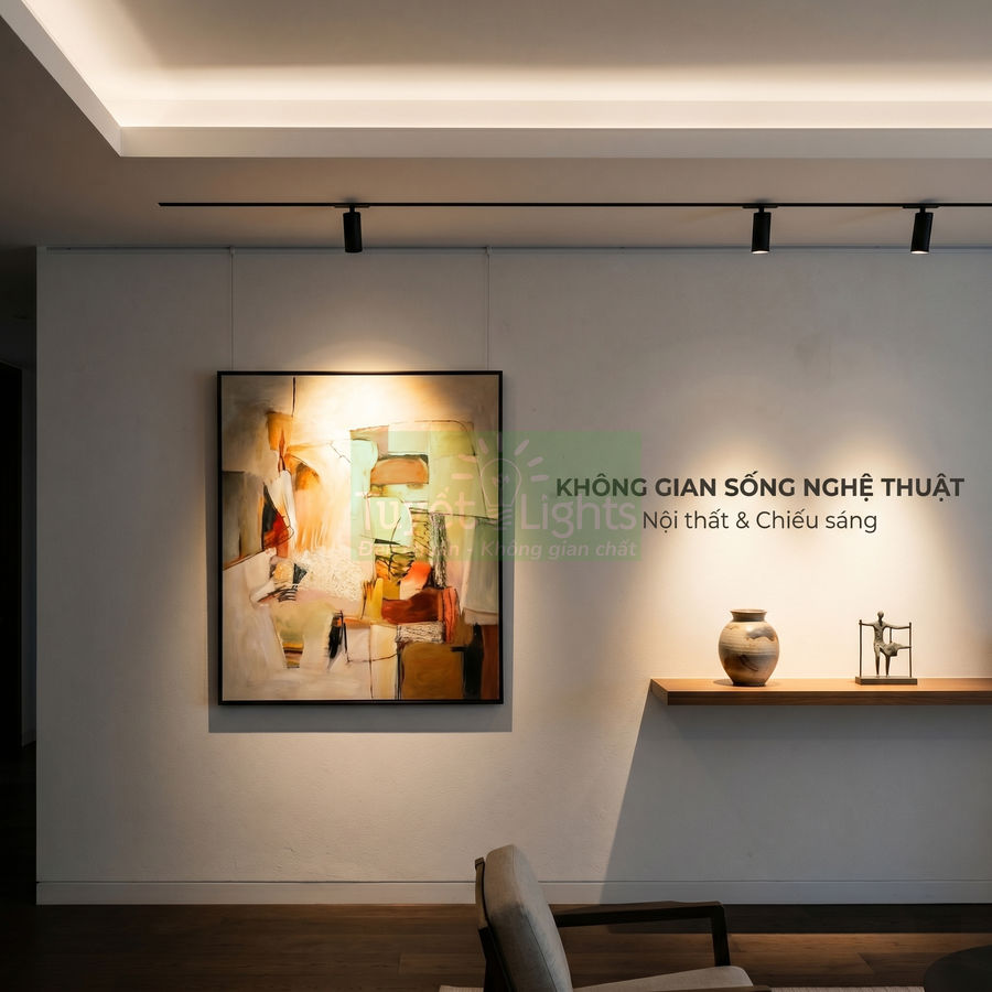 Đèn rọi ray chiếu tranh treo tường trong phòng khách hiện đại, tạo điểm nhấn cho bức tranh nghệ thuật