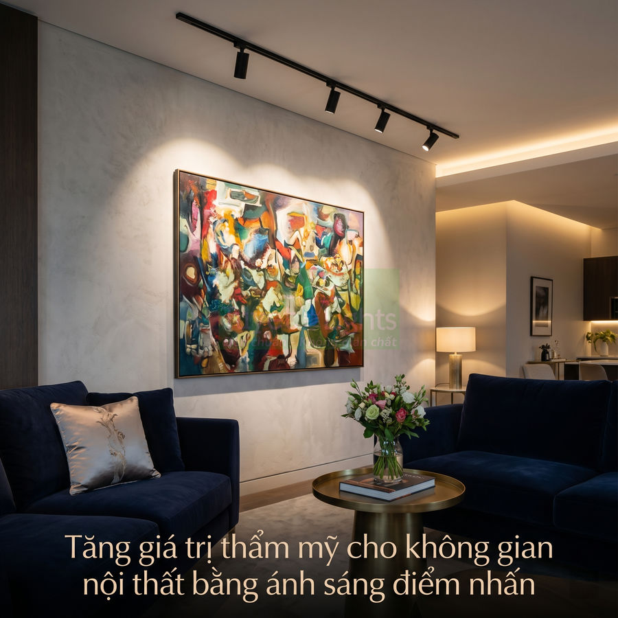 Đèn rọi ray chiếu tranh trang trí phòng khách hiện đại với sofa xanh và bàn trà tròn sang trọng