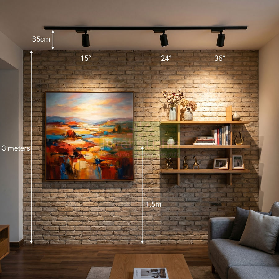 Đèn rọi ray chiếu tranh treo tường trong phòng khách tường gạch, kệ gỗ trang trí và sofa hiện đại