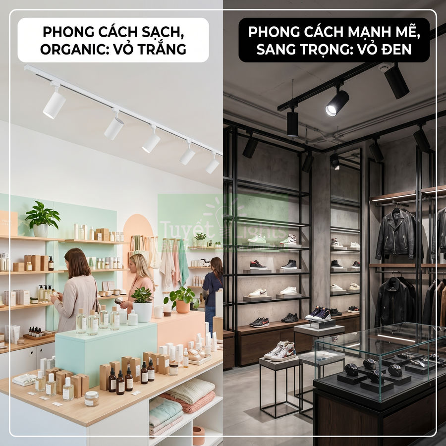 Đèn rọi ray vỏ trắng cho shop mỹ phẩm organic và đèn rọi ray vỏ đen cho cửa hàng thời trang nam sang trọng