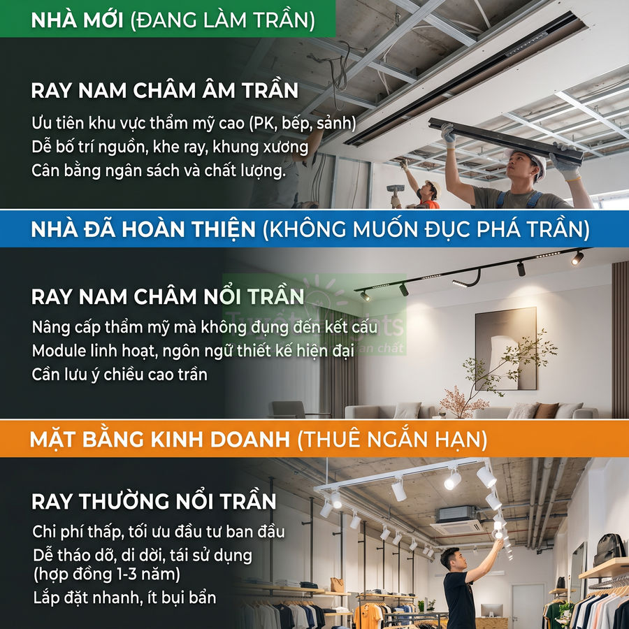 Các loại ray đèn trần cho nhà mới, nhà đã hoàn thiện và mặt bằng kinh doanh, so sánh ray nam châm âm trần, nổi trần và ray thường