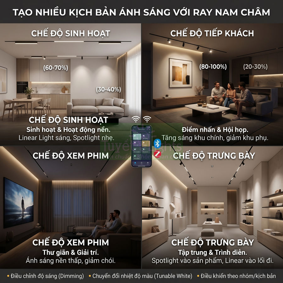 Các chế độ chiếu sáng ray nam châm cho phòng khách, bếp, xem phim và trưng bày, điều khiển bằng điện thoại thông minh