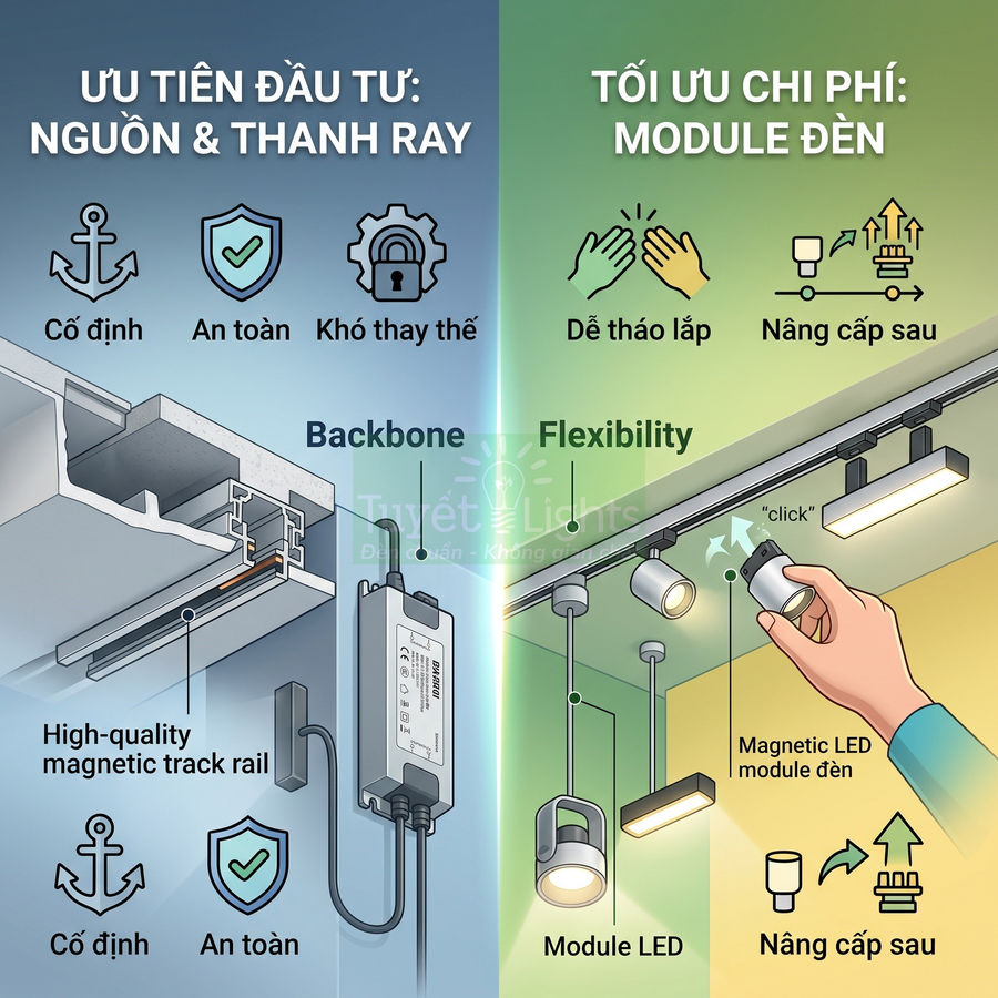 Hệ thống đèn ray nam châm với nguồn và thanh ray cố định, module đèn LED tháo lắp linh hoạt, dễ nâng cấp