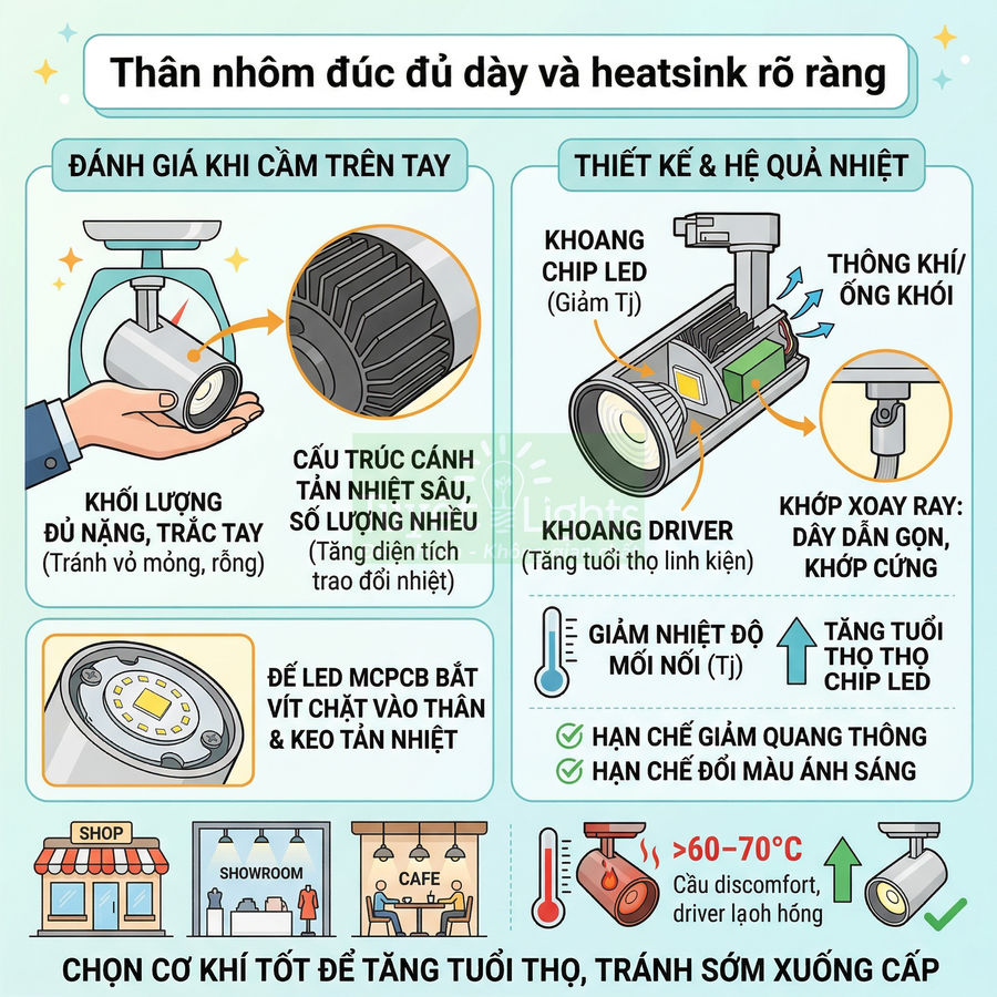 Đèn rọi ray LED thân nhôm đúc dày, tản nhiệt tốt, tăng tuổi thọ chip LED cho cửa hàng và showroom