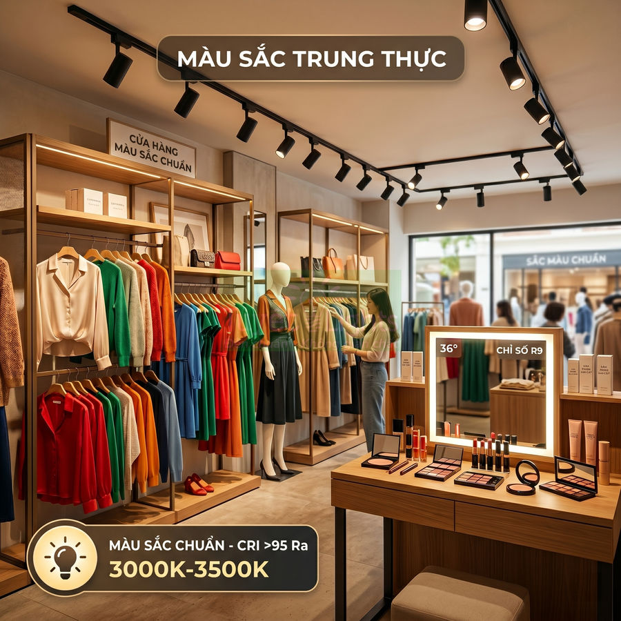 Đèn rọi ray CRI cao chiếu sáng cửa hàng thời trang và bàn trang điểm, tái hiện màu sắc quần áo và mỹ phẩm trung thực