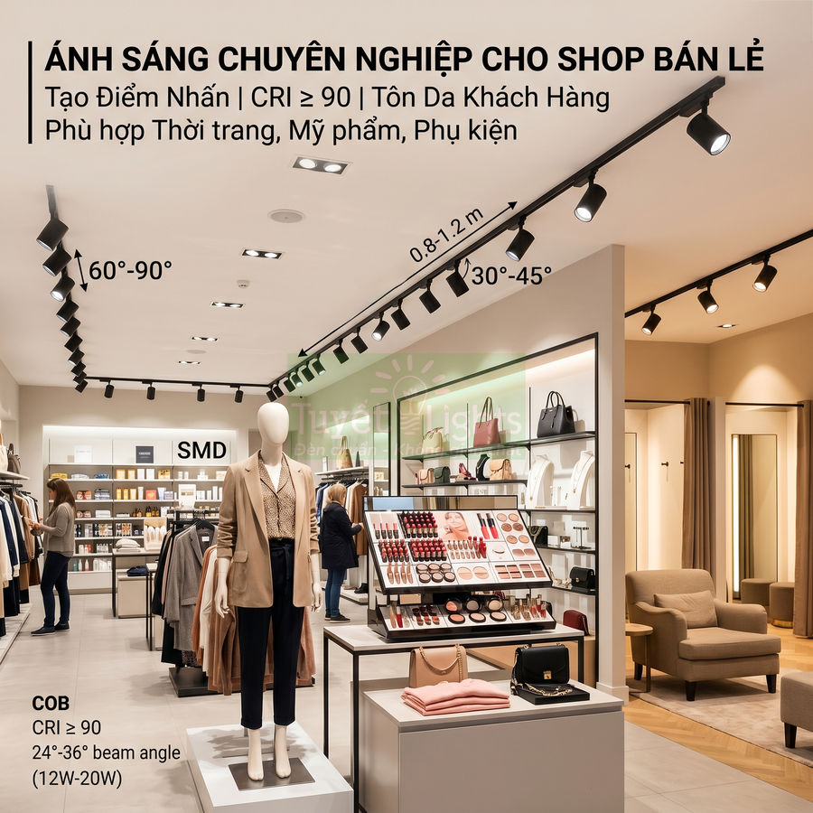 Đèn rọi ray COB và SMD CRI cao chiếu sáng chuyên nghiệp cho shop thời trang mỹ phẩm bán lẻ