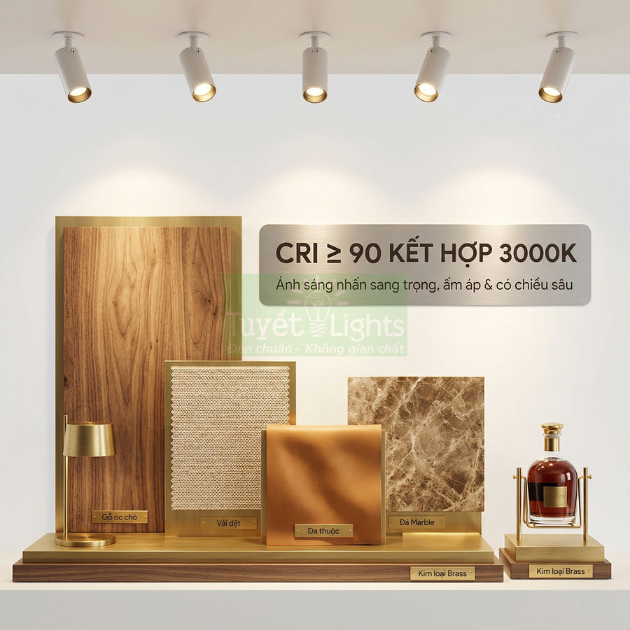 Đèn rọi ray Tuyết Lights CRI 90 chiếu sáng mẫu gỗ, vải dệt, da thuộc, đá marble và kim loại brass trên kệ trưng bày