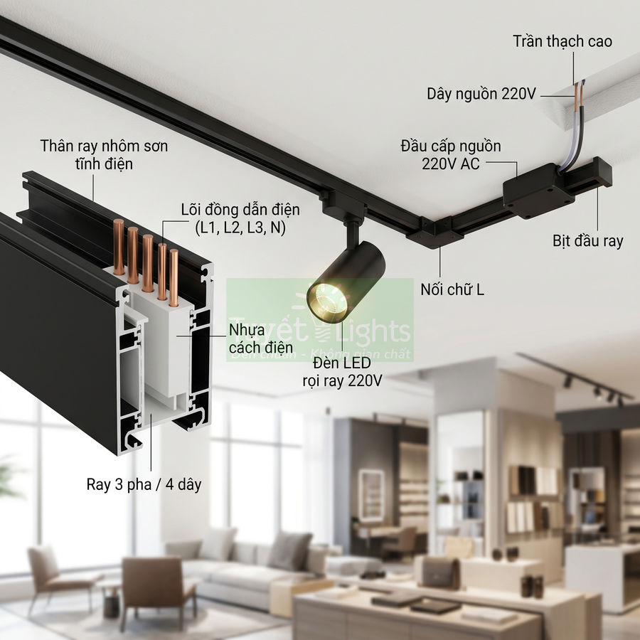 Đèn LED rọi ray 220V lắp trên ray nhôm 3 pha trong phòng khách hiện đại