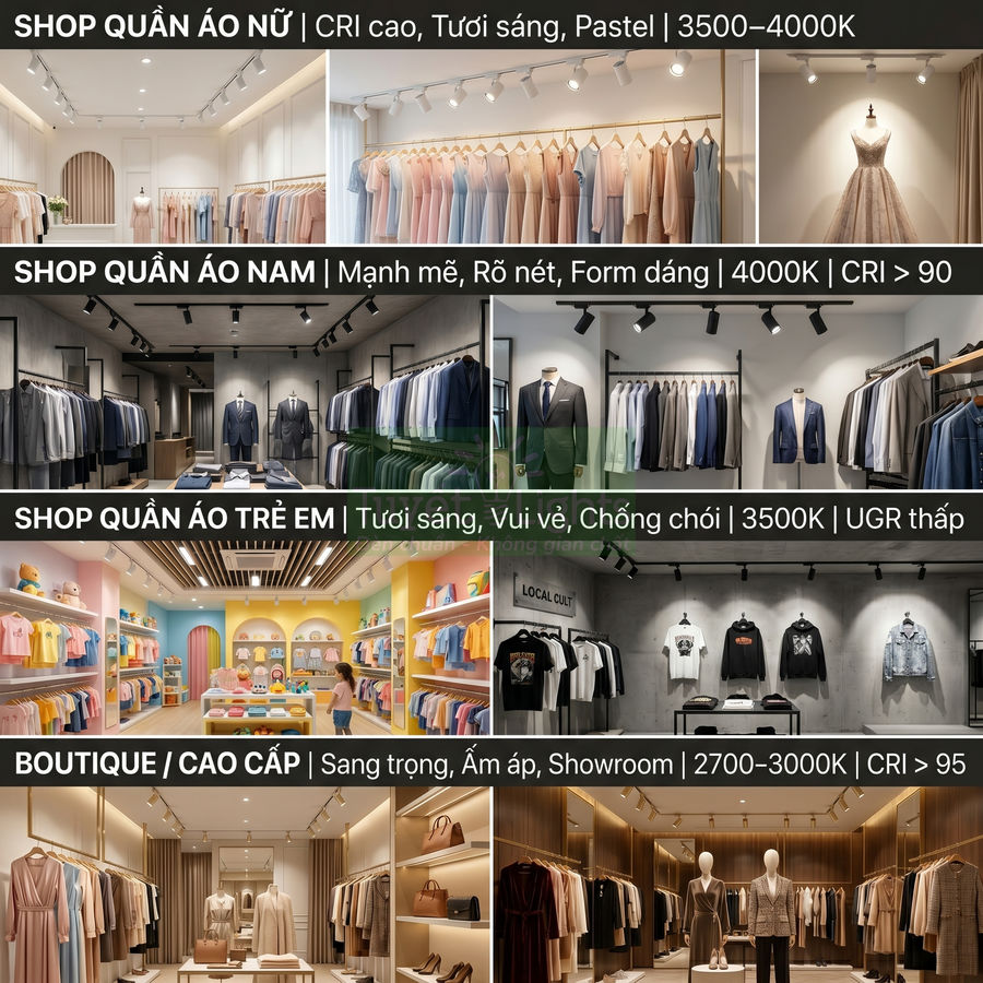 Hệ thống đèn rọi ray chiếu sáng shop quần áo nữ, nam, trẻ em và boutique cao cấp với không gian trưng bày thời trang