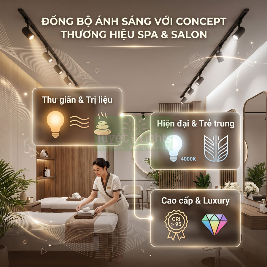 Hệ thống đèn rọi ray Tuyết Lights chiếu sáng phòng spa cao cấp, tạo không gian thư giãn và trị liệu