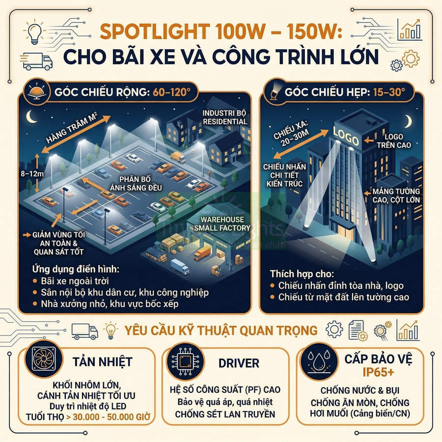 Đèn spotlight LED 100W 150W chiếu sáng bãi xe, nhà xưởng và công trình lớn với góc chiếu rộng hẹp