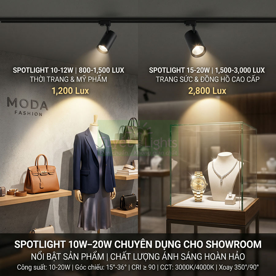 Đèn spotlight ray 10W 20W chiếu sáng trưng bày thời trang túi xách và tủ kính trang sức đồng hồ showroom