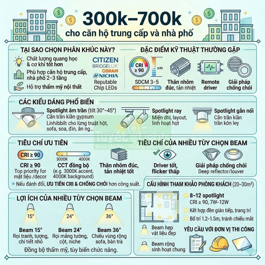 Infographic tư vấn chọn đèn spotlight LED 300k 700k cho căn hộ trung cấp và nhà phố