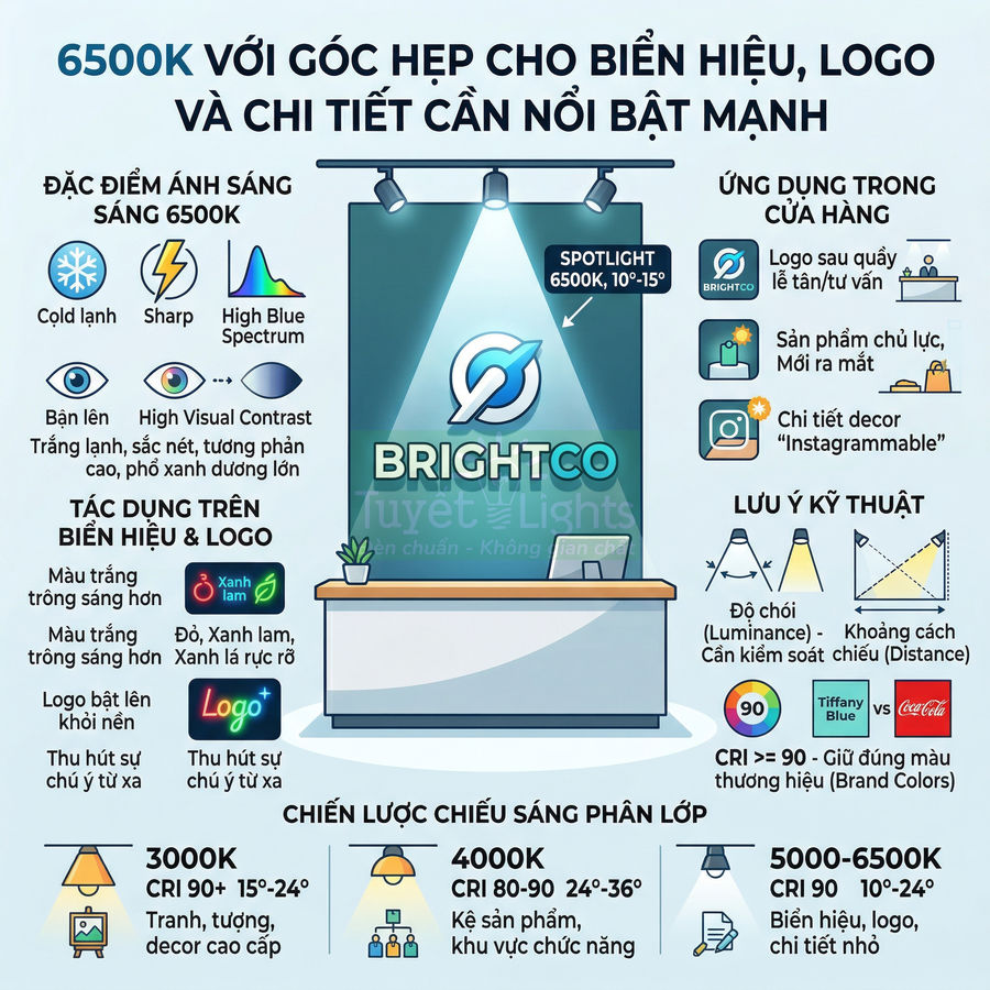 Infographic giới thiệu đèn spotlight 6500K góc hẹp chiếu sáng biển hiệu và logo thương hiệu BRIGHTCO trong cửa hàng