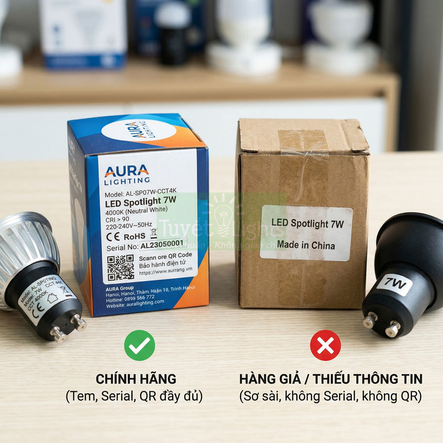 So sánh đèn LED Spotlight 7W Aura Lighting chính hãng có hộp, tem, QR với đèn LED giả thiếu thông tin