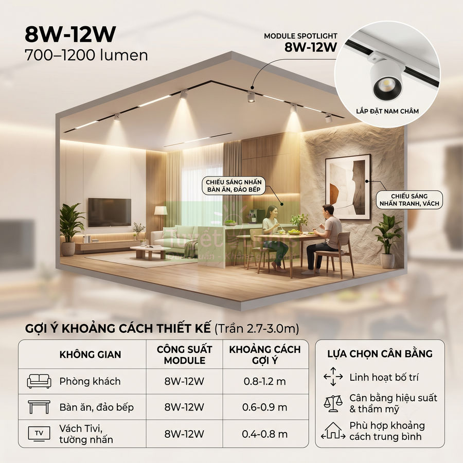 Đèn spotlight nam châm 8W 12W chiếu sáng phòng khách bàn ăn và tranh treo tường trong không gian hiện đại