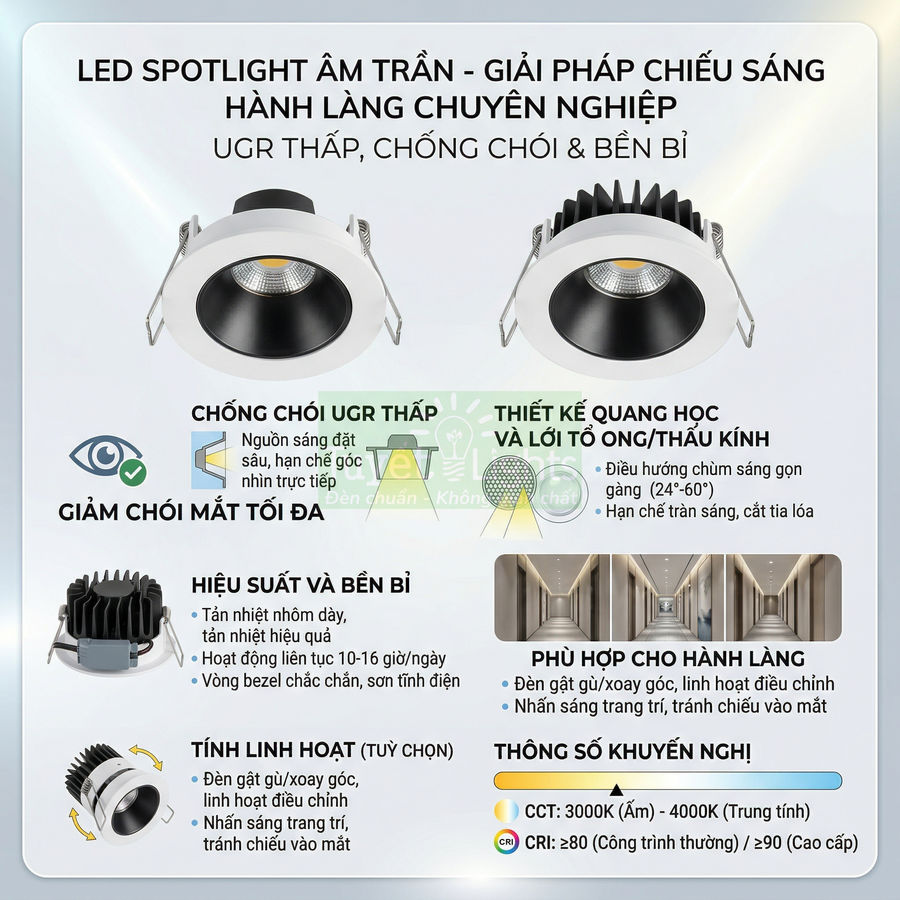 Đèn LED spotlight âm trần chống chói cho hành lang, thiết kế xoay góc linh hoạt, ánh sáng 3000K đến 4000K