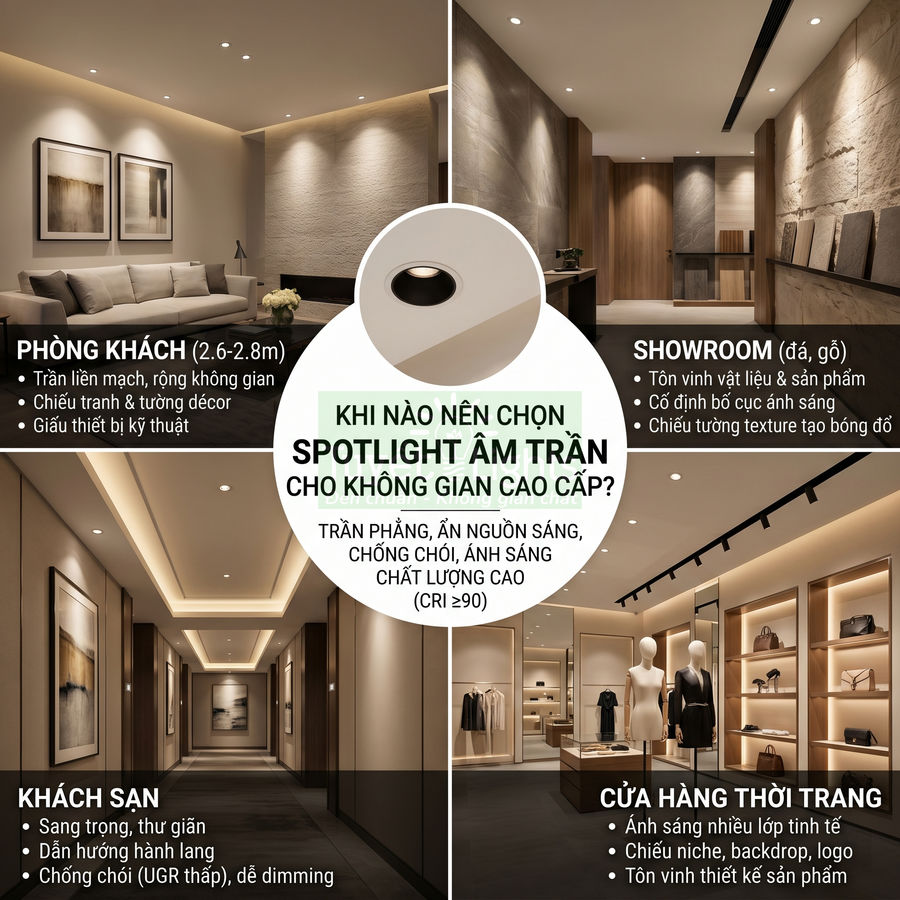 Đèn spotlight âm trần chiếu sáng phòng khách, khách sạn, showroom và cửa hàng thời trang cao cấp