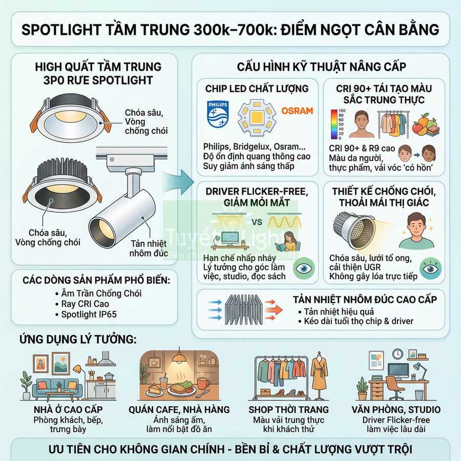 Infographic giới thiệu đèn spotlight âm trần và ray CRI cao, chip LED Philips Osram, chống chói, tản nhiệt nhôm đúc