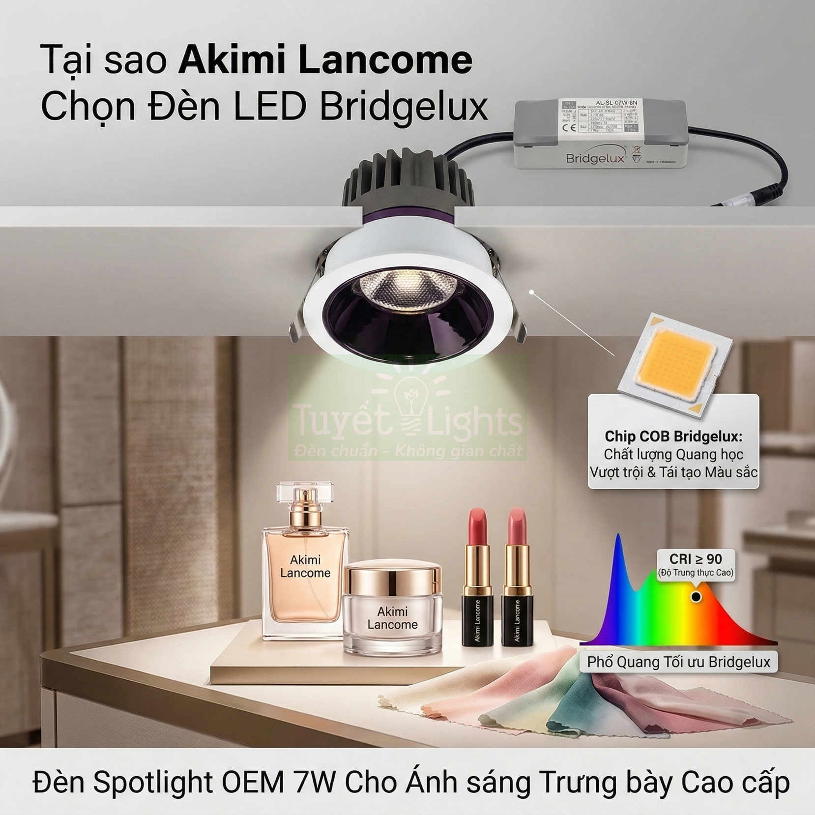 Đèn LED âm trần Bridgelux chiếu sáng bộ mỹ phẩm Akimi Lancome trên bàn trưng bày cao cấp