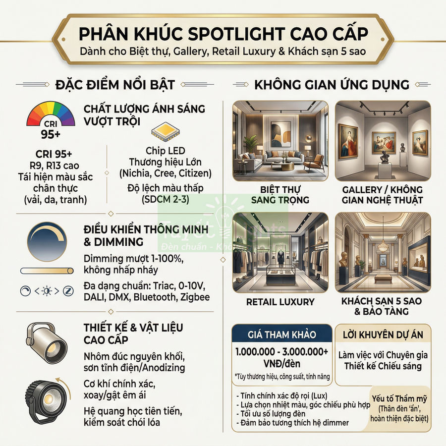 Đèn spotlight LED cao cấp CRI 95 chiếu sáng biệt thự, gallery nghệ thuật, retail luxury và khách sạn 5 sao