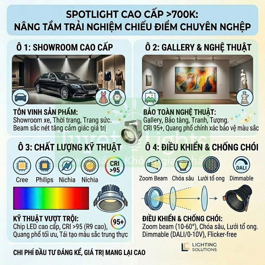 Spotlight LED cao cấp cho showroom và gallery nghệ thuật, chip Cree Philips Nichia CRI cao, điều khiển zoom chống chói