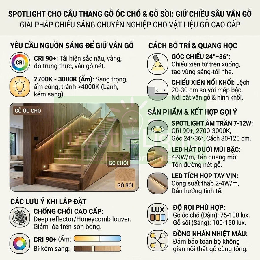 Giải pháp spotlight chiếu sáng cầu thang gỗ óc chó và gỗ sồi, đèn LED âm trần và hắt dưới bậc giữ vân gỗ sang trọng