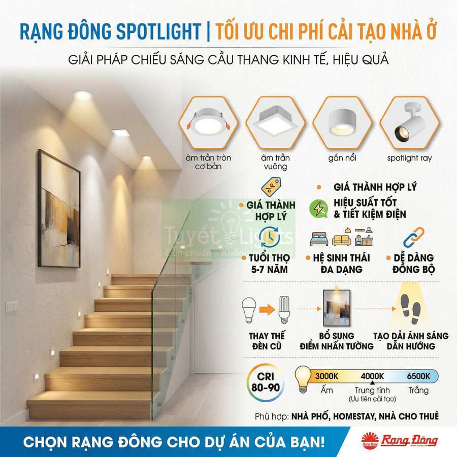 Giải pháp đèn Rạng Đông Spotlight chiếu sáng cầu thang hiện đại, tiết kiệm điện, phù hợp cải tạo nhà ở