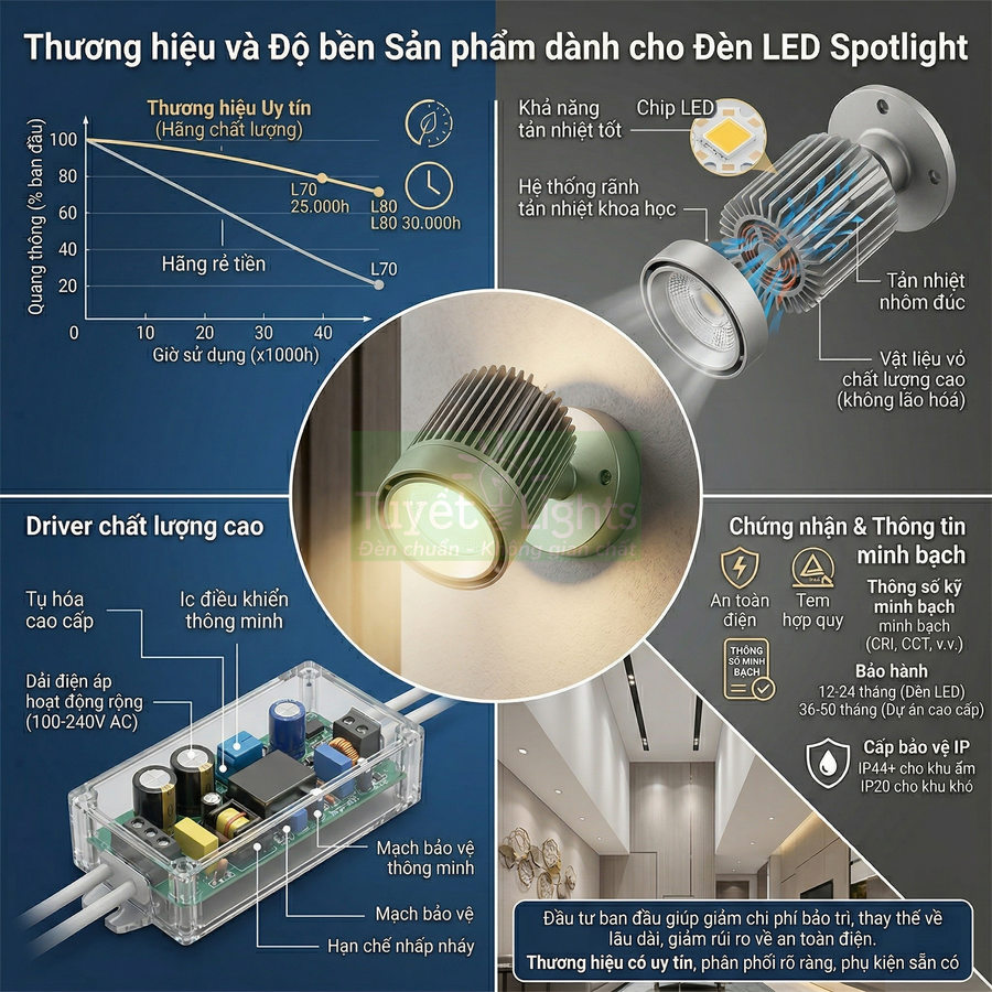 Đèn LED spotlight gắn tường cao cấp với bộ tản nhiệt nhôm đúc và driver chất lượng dùng chiếu sáng nội thất
