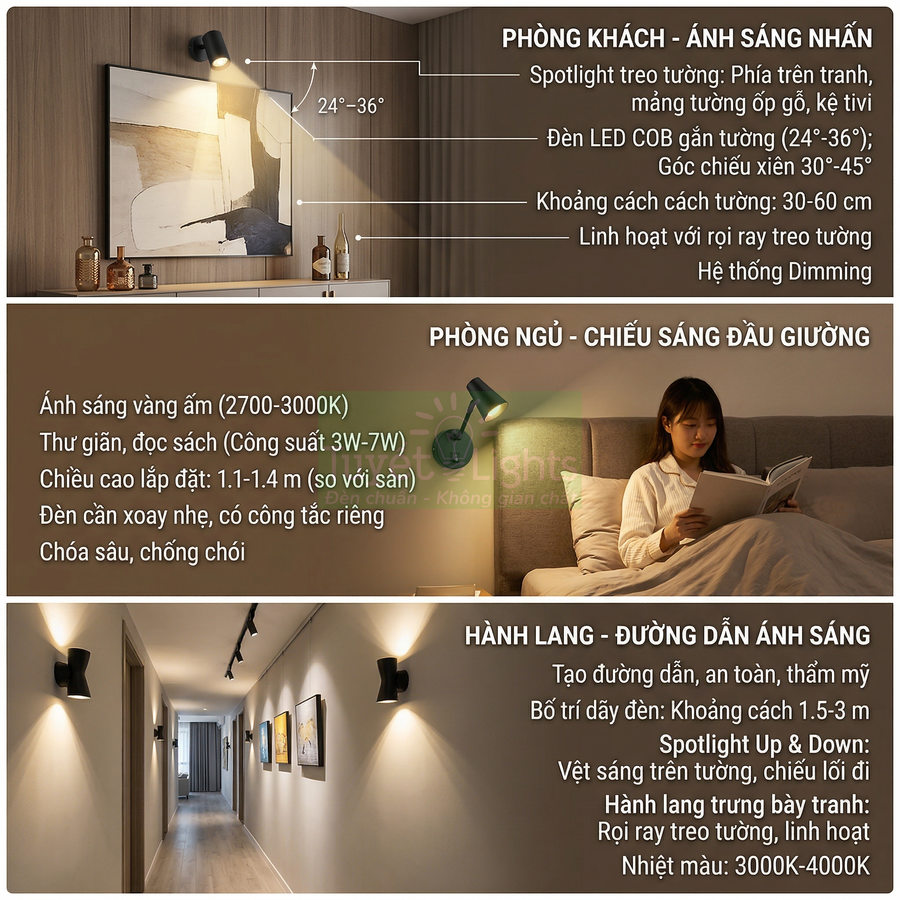 Đèn spotlight LED gắn tường chiếu sáng phòng khách, phòng ngủ và hành lang với ánh sáng vàng ấm