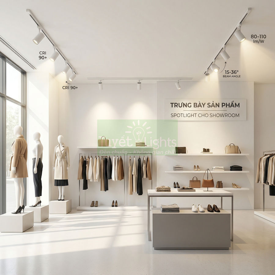 Đèn spotlight ray My Viet Lights chiếu sáng showroom thời trang với quần áo và phụ kiện trưng bày