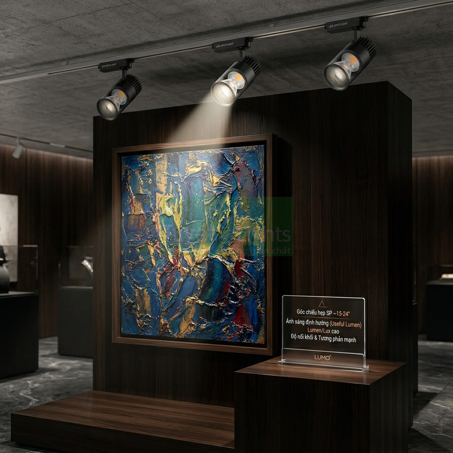 Đèn rọi ray LED chiếu tranh nghệ thuật trừu tượng trong không gian trưng bày hiện đại