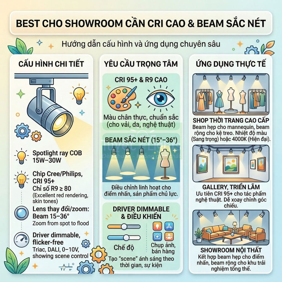 Infographic hướng dẫn chọn đèn spotlight ray COB CRI cao và beam sắc nét cho showroom thời trang, gallery và nội thất