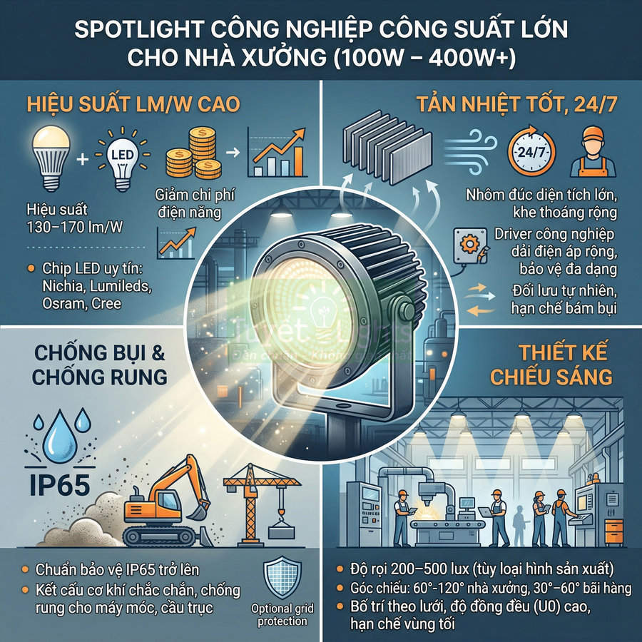 Đèn spotlight công nghiệp LED công suất lớn IP65 chiếu sáng nhà xưởng, chống bụi chống rung, tản nhiệt tốt