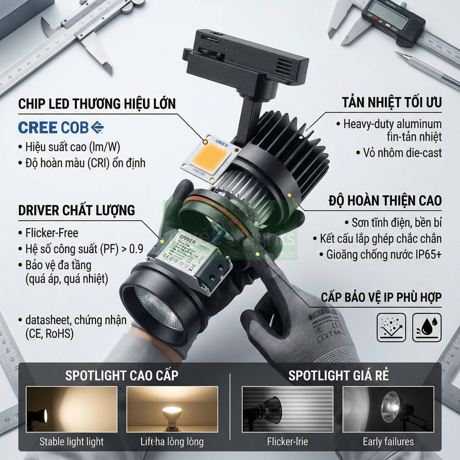 Đèn spotlight LED CREE COB cao cấp với tản nhiệt nhôm, driver chất lượng và khả năng chống nước IP65