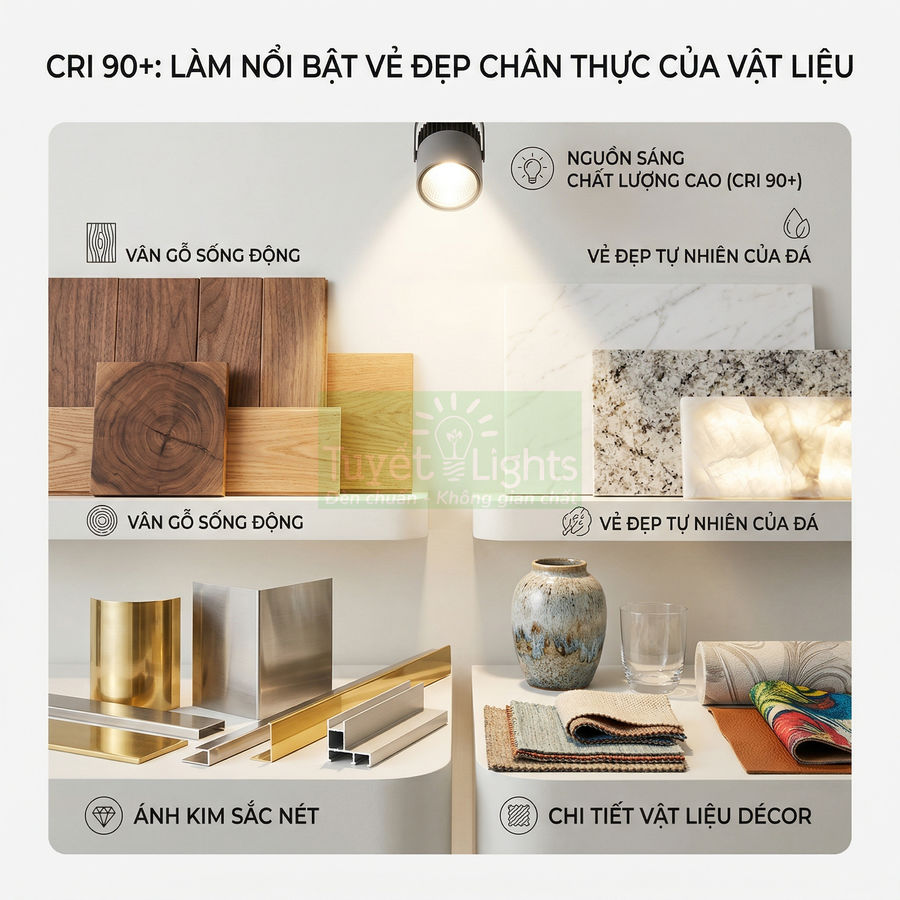 Đèn rọi trần CRI 90 chiếu sáng mẫu gỗ, đá, kim loại và vải decor làm nổi bật màu sắc vật liệu